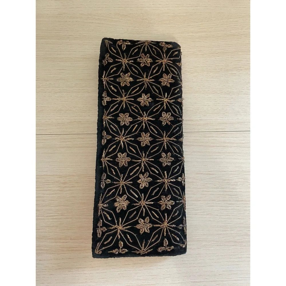 Vintage Black Velvet Gold Embroidered Floral Geometric Evening Clutch Bag